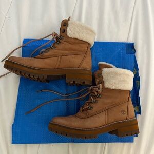 Timberland Tan Brown Leather Shearling-Cuff Hiking Boots
